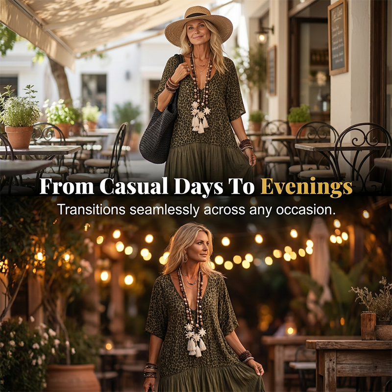 👗 LIMITED-TIME 50% OFF! ✨ Bohemian Leopard Maxi Dress – V-Neck, Tiered, Flowy Resort Style 🌴
