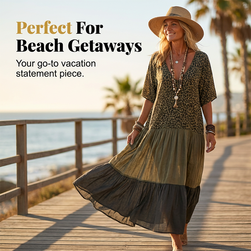 👗 LIMITED-TIME 50% OFF! ✨ Bohemian Leopard Maxi Dress – V-Neck, Tiered, Flowy Resort Style 🌴