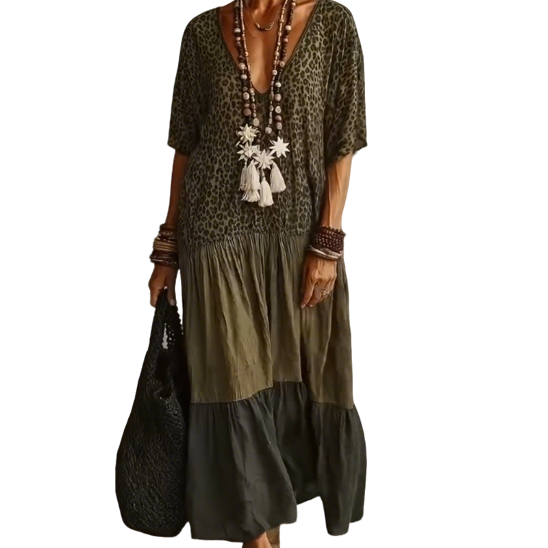 👗 LIMITED-TIME 50% OFF! ✨ Bohemian Leopard Maxi Dress – V-Neck, Tiered, Flowy Resort Style 🌴