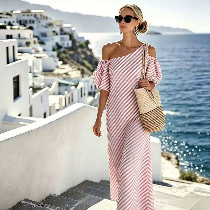 👗 LIMITED-TIME 50% OFF! ✨ Women's Striped Off Shoulder Dress – Elegant, Flowy, Summer Chic 🌊