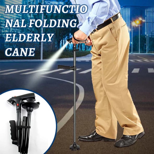 🦯💡 LIMITED-TIME 50% OFF! Multifunction Folding Walking Cane – Built-In Light, Emergency Alarm, Quad Base & 5-Level Height Adjustment