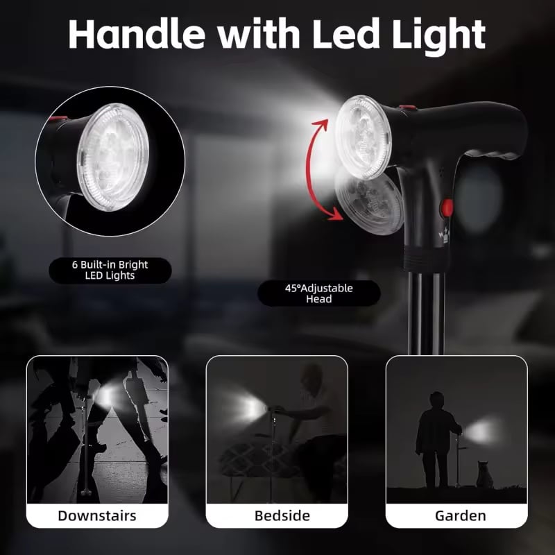 🦯💡 LIMITED-TIME 50% OFF! Multifunction Folding Walking Cane – Built-In Light, Emergency Alarm, Quad Base & 5-Level Height Adjustment