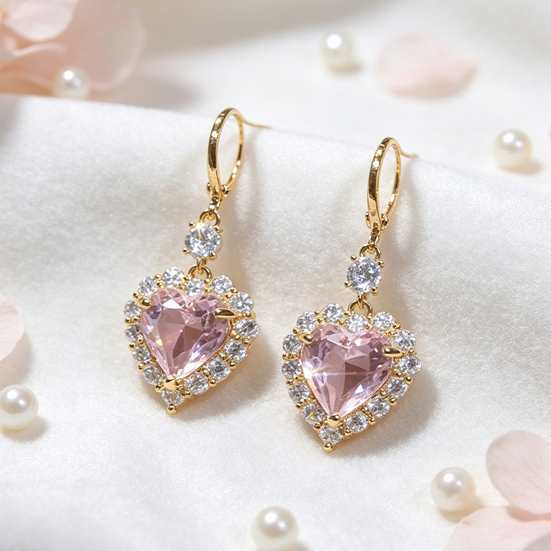 🎉 2026 Sale — Over 45,000 Sold!💎 Sparkling Heart-Shaped Drop Rhinestone Earrings – Gold Tone Pink Heart Dangle Earrings 💕