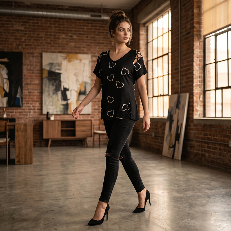 Women’s Heart Print V-Neck Top