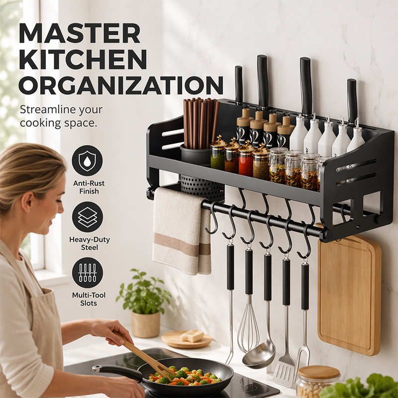 Wall-Mounted Kitchen Rack with Spice Shelf