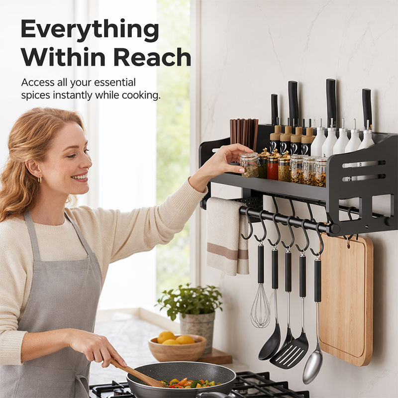 Wall-Mounted Kitchen Rack with Spice Shelf