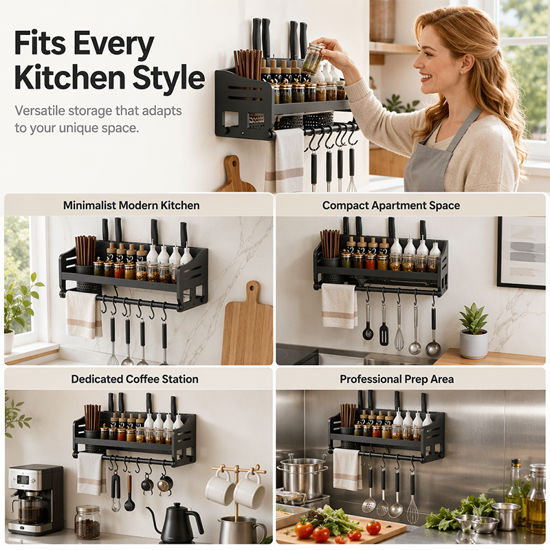 Wall-Mounted Kitchen Rack with Spice Shelf
