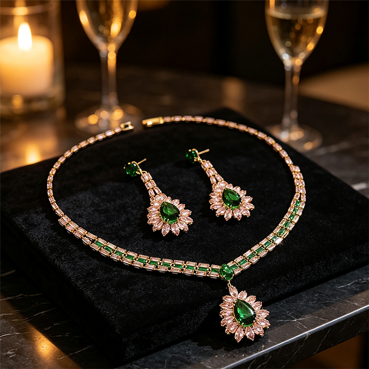 🎉 LIMITED TIME 50% OFF! 💎 Zircon Jewelry Set – Necklace & Drop Earrings for Women – Pink & Green Design, Premium Copper Base ✨