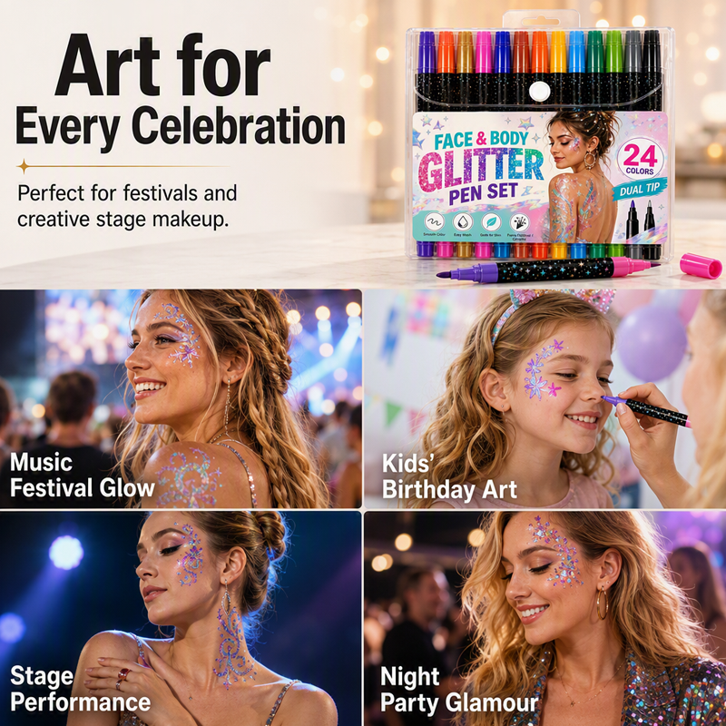 🌸 50% OFF NOW! 🌸24-Color Face & Body Glitter Marker Set with Dual Tips